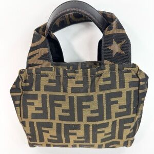 Vintage Fendi Black Brown Zucchini Pattern Mini Canvas Cosmetic Handbag